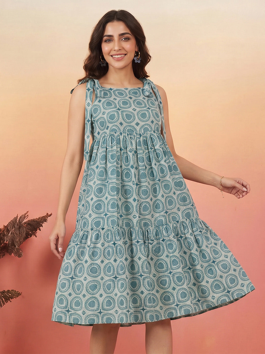Janasya Teal Gathered Cotton Dress | Grocsy