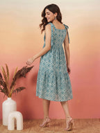 Janasya Teal Gathered Cotton Dress | Grocsy