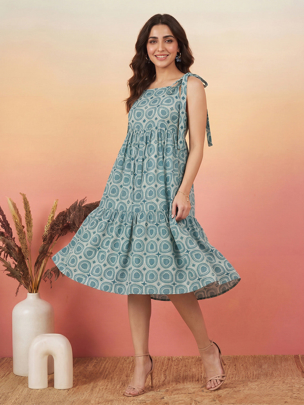 Janasya Teal Gathered Cotton Dress | Grocsy