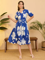 Janasya Royal Blue Fit & Flare Cotton Dress | Grocsy