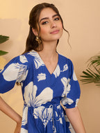 Janasya Royal Blue Fit & Flare Cotton Dress | Grocsy