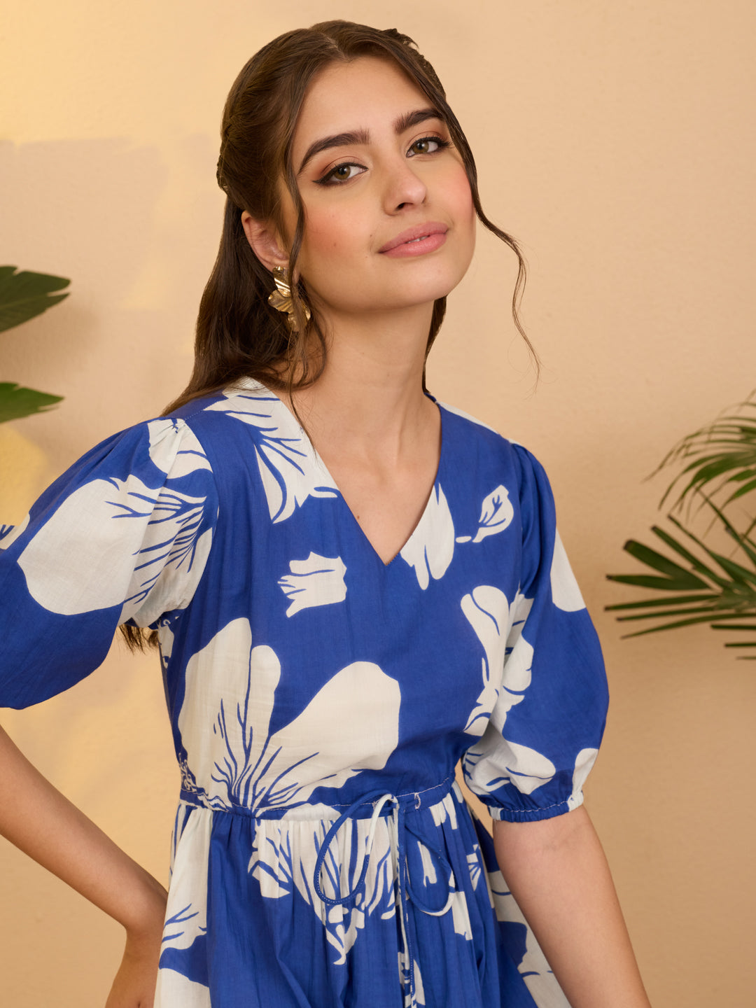 Janasya Royal Blue Fit & Flare Cotton Dress | Grocsy