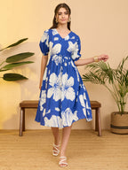 Janasya Royal Blue Fit & Flare Cotton Dress | Grocsy