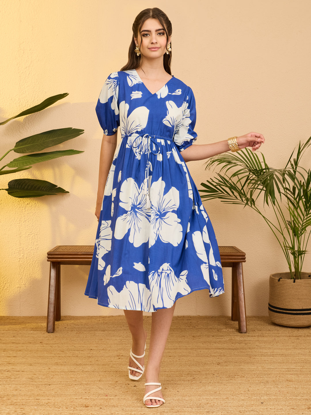 Janasya Royal Blue Fit & Flare Cotton Dress | Grocsy