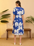 Janasya Royal Blue Fit & Flare Cotton Dress | Grocsy