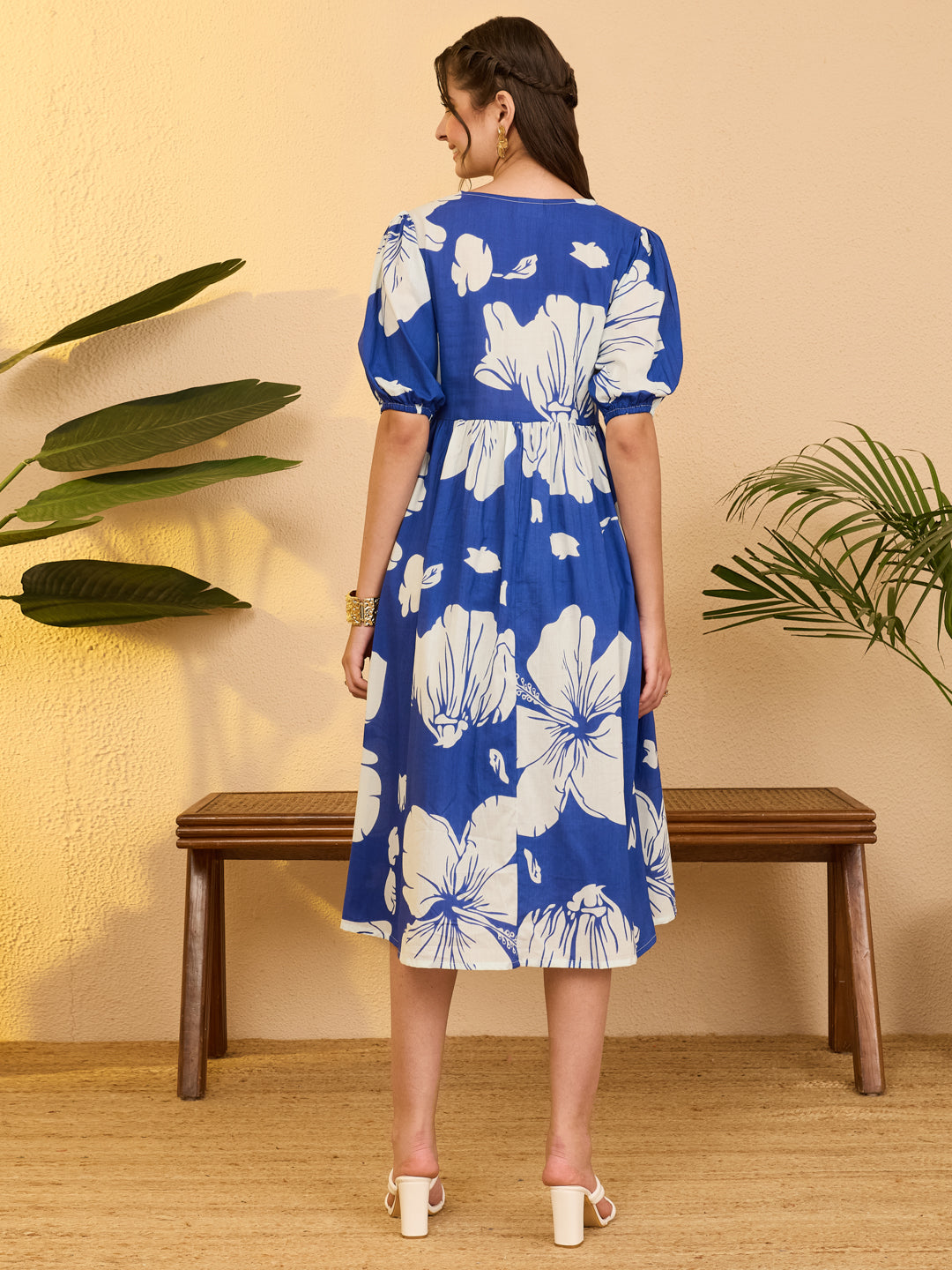 Janasya Royal Blue Fit & Flare Cotton Dress | Grocsy