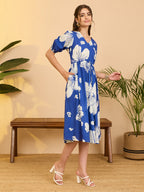 Janasya Royal Blue Fit & Flare Cotton Dress | Grocsy