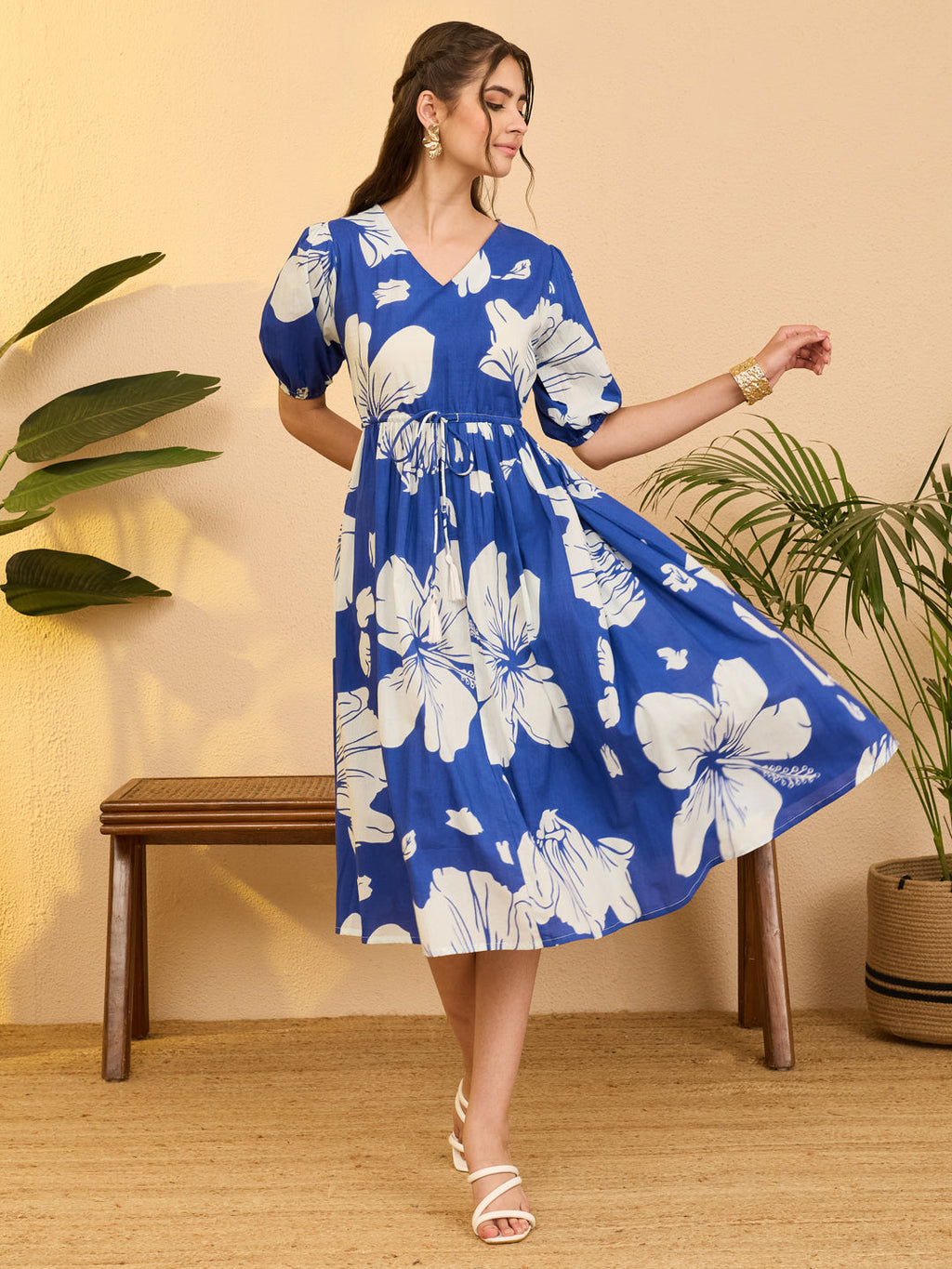 Janasya Royal Blue Fit & Flare Cotton Dress | Grocsy