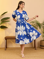 Janasya Royal Blue Fit & Flare Cotton Dress | Grocsy