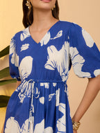 Janasya Royal Blue Fit & Flare Cotton Dress | Grocsy