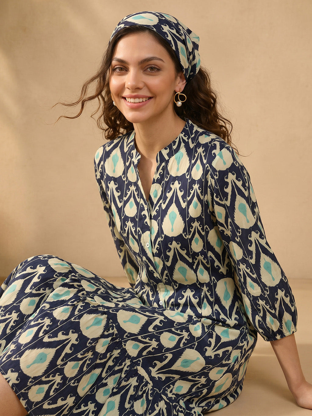 Janasya Navy Blue A-Line Cotton Dress | Grocsy