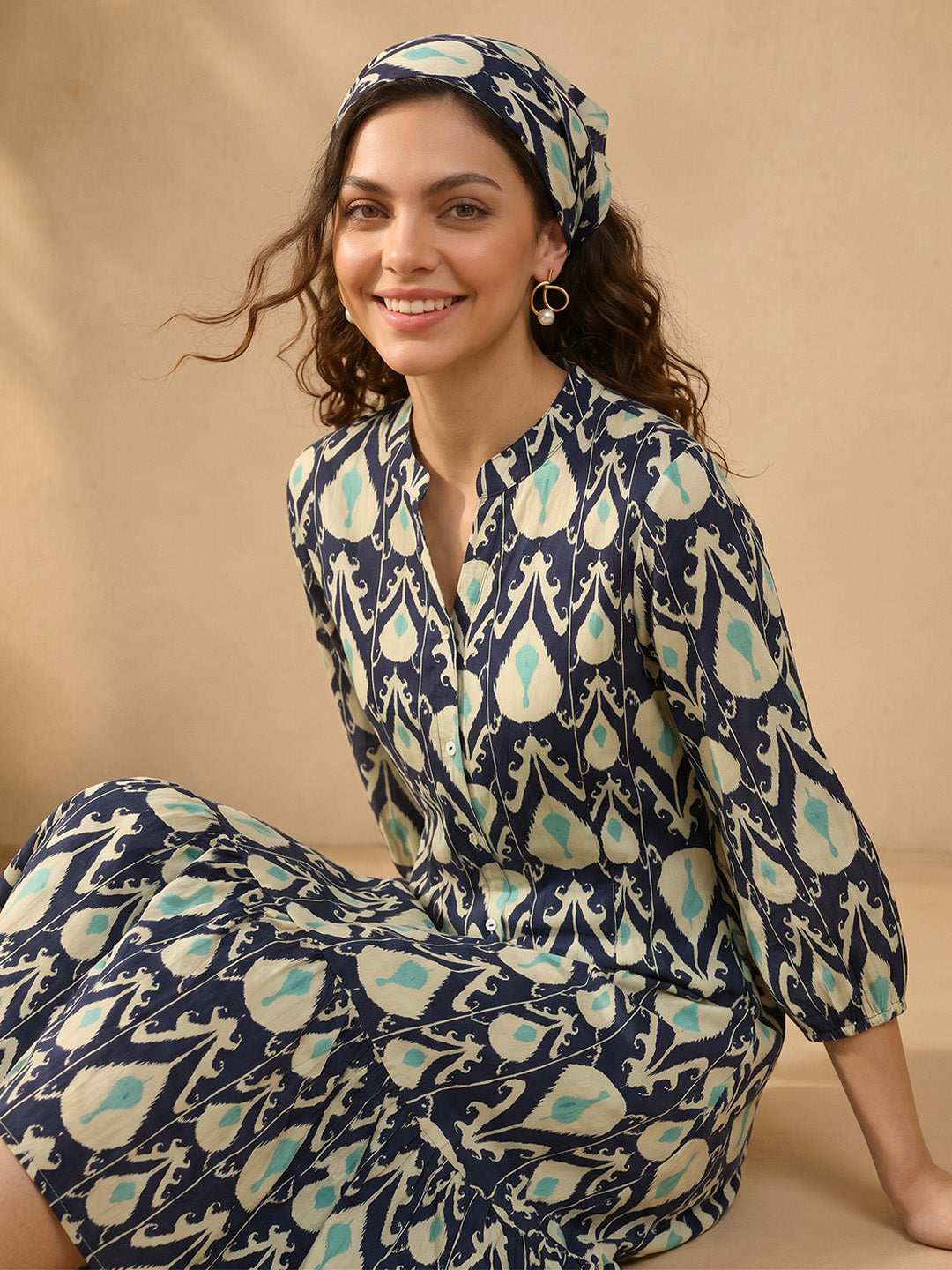 Janasya Navy Blue A-Line Cotton Dress | Grocsy