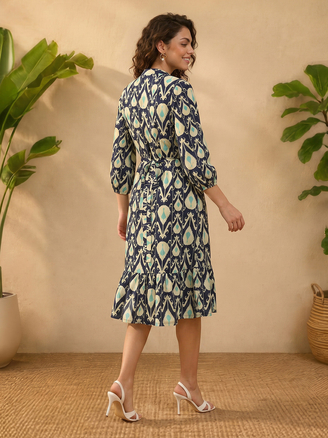 Janasya Navy Blue A-Line Cotton Dress | Grocsy