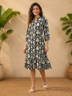 Janasya Navy Blue A-Line Cotton Dress | Grocsy