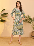 Janasya Sage Fit & Flare Cotton Dress | Grocsy