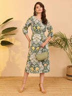 Janasya Sage Fit & Flare Cotton Dress | Grocsy