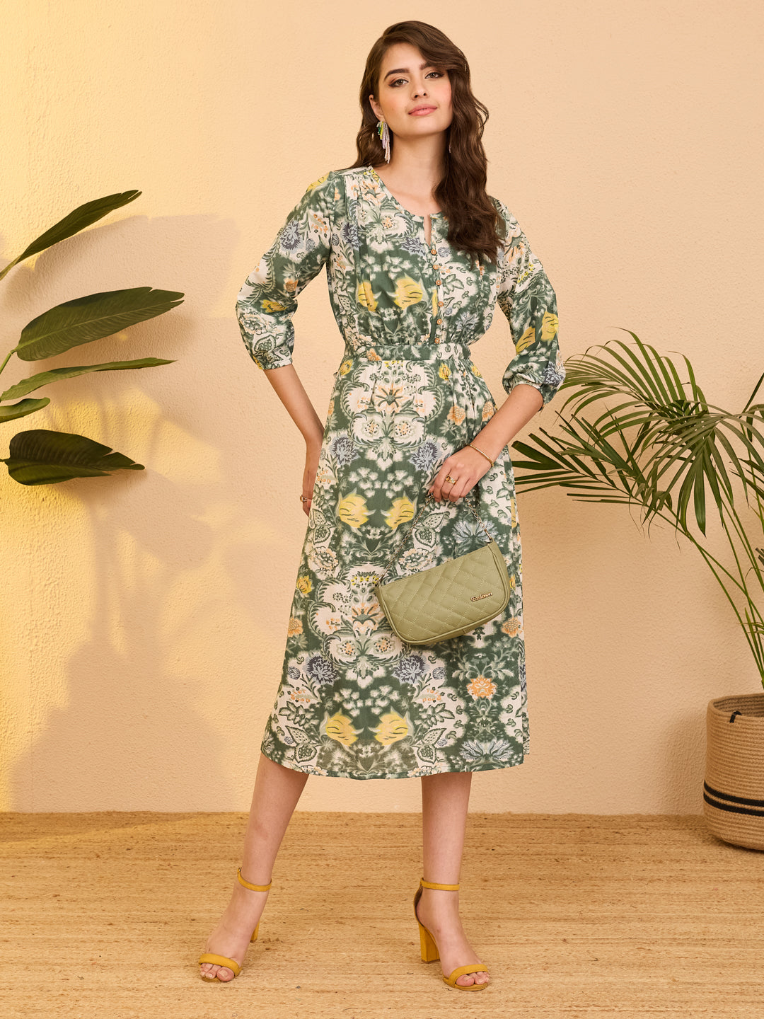 Janasya Sage Fit & Flare Cotton Dress | Grocsy