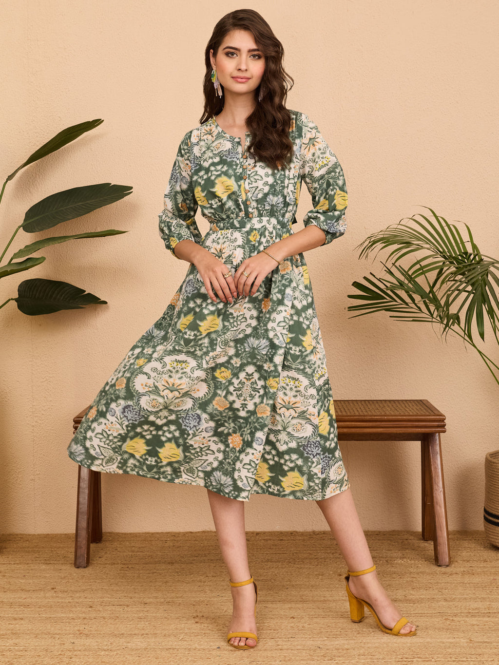 Janasya Sage Fit & Flare Cotton Dress | Grocsy