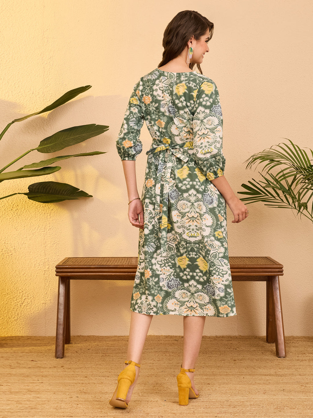 Janasya Sage Fit & Flare Cotton Dress | Grocsy