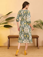 Janasya Sage Fit & Flare Cotton Dress | Grocsy