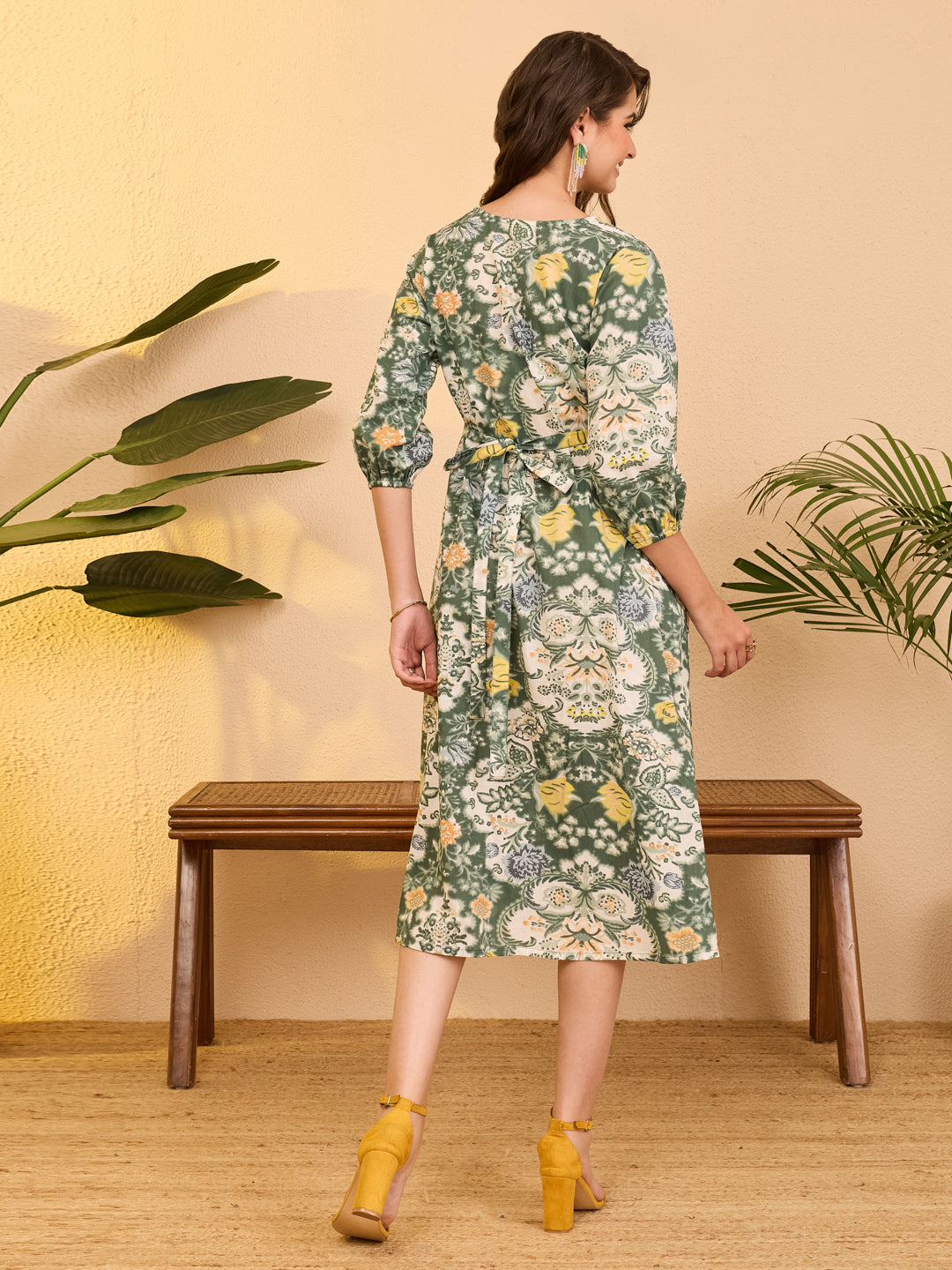 Janasya Sage Fit & Flare Cotton Dress | Grocsy