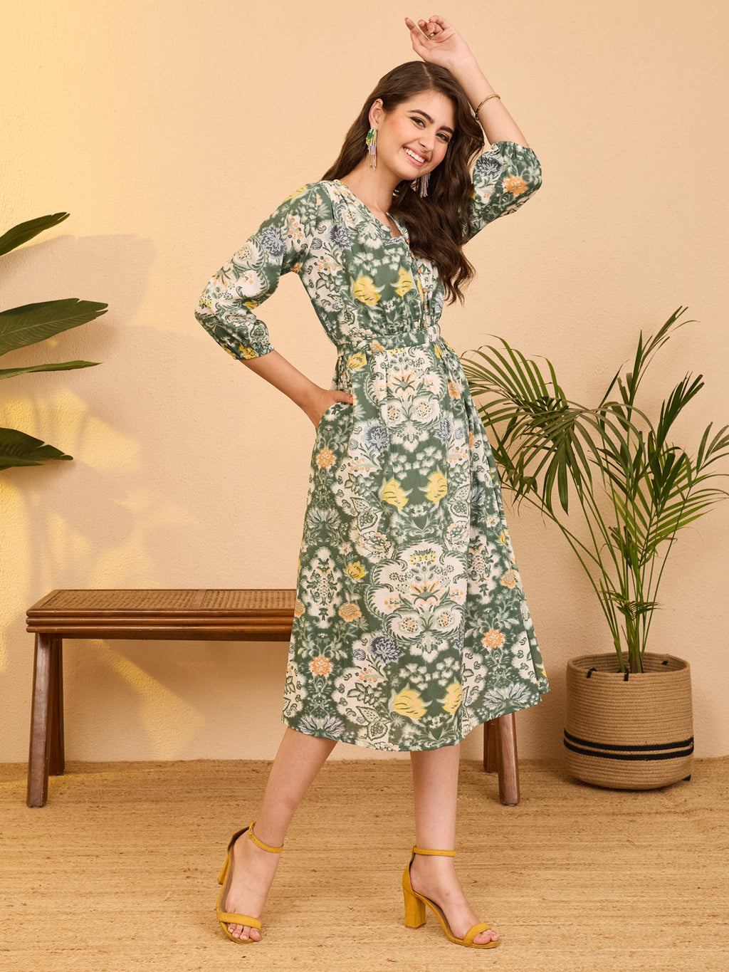 Janasya Sage Fit & Flare Cotton Dress | Grocsy
