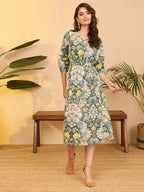 Janasya Sage Fit & Flare Cotton Dress | Grocsy