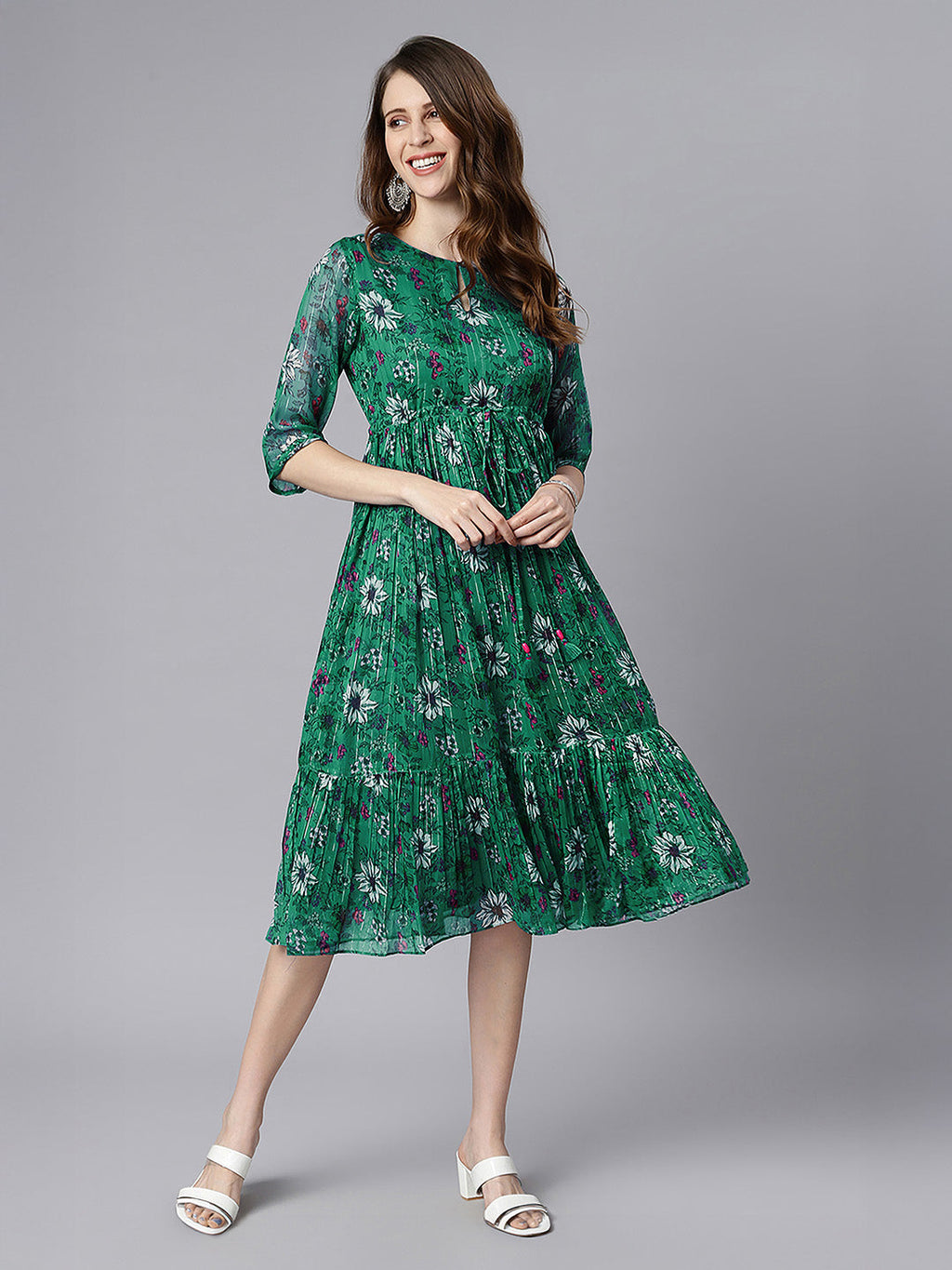 Janasya Green Fit & Flare Chiffon Dress | Grocsy