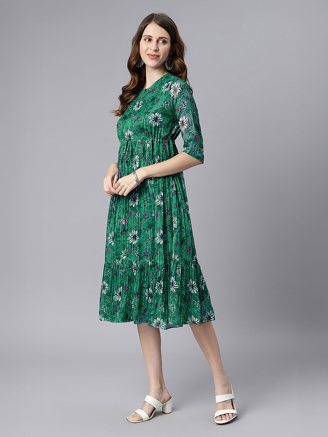 Janasya Green Fit & Flare Chiffon Dress | Grocsy