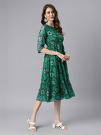Janasya Green Fit & Flare Chiffon Dress | Grocsy