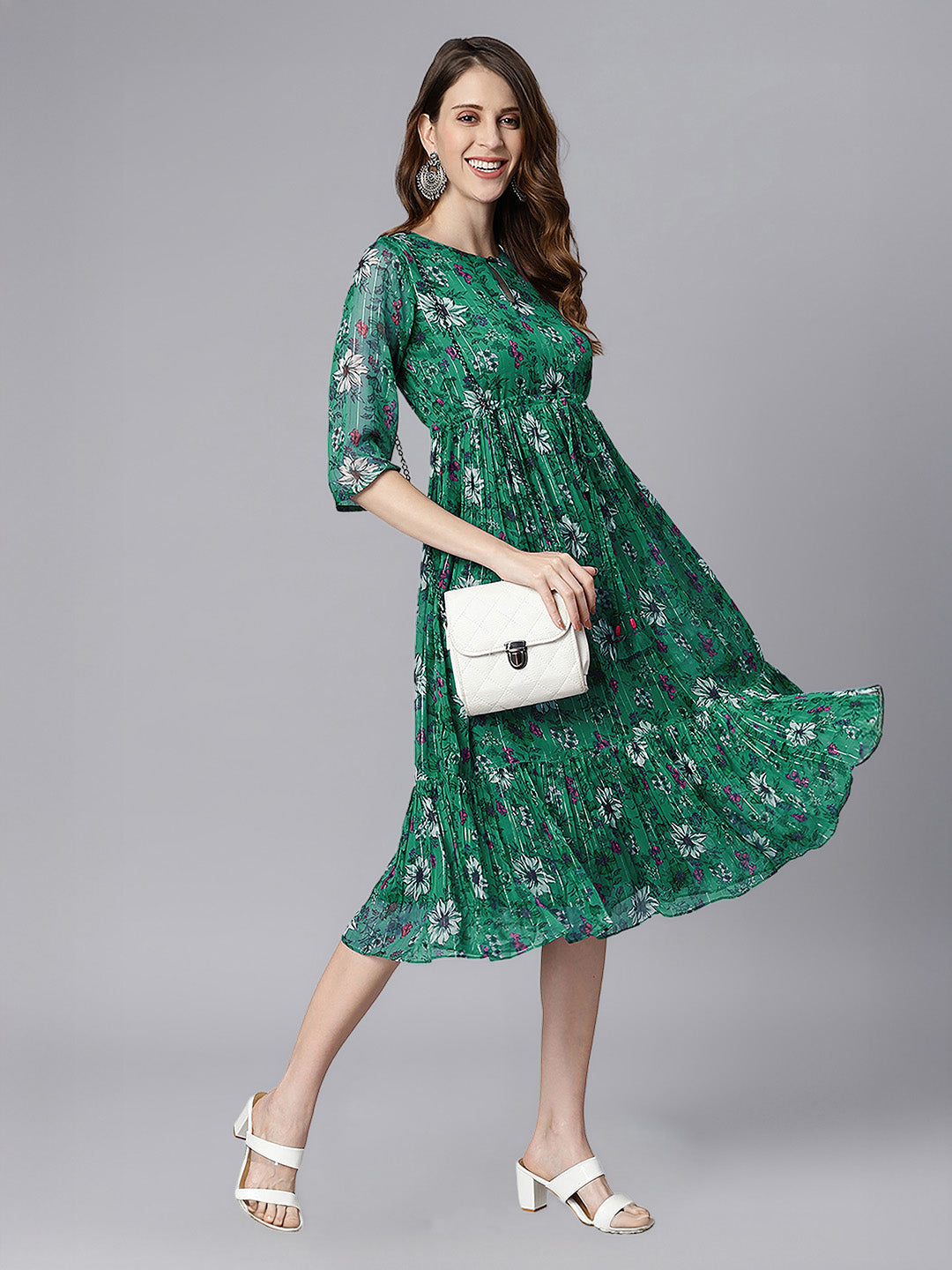 Janasya Green Fit & Flare Chiffon Dress | Grocsy