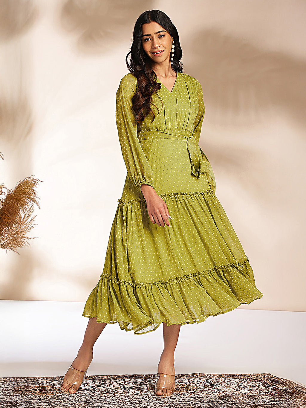 Janasya Lime Tiered Dobby Chiffon Dress | Grocsy