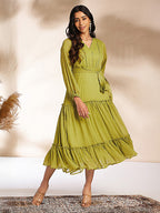 Janasya Lime Tiered Dobby Chiffon Dress | Grocsy