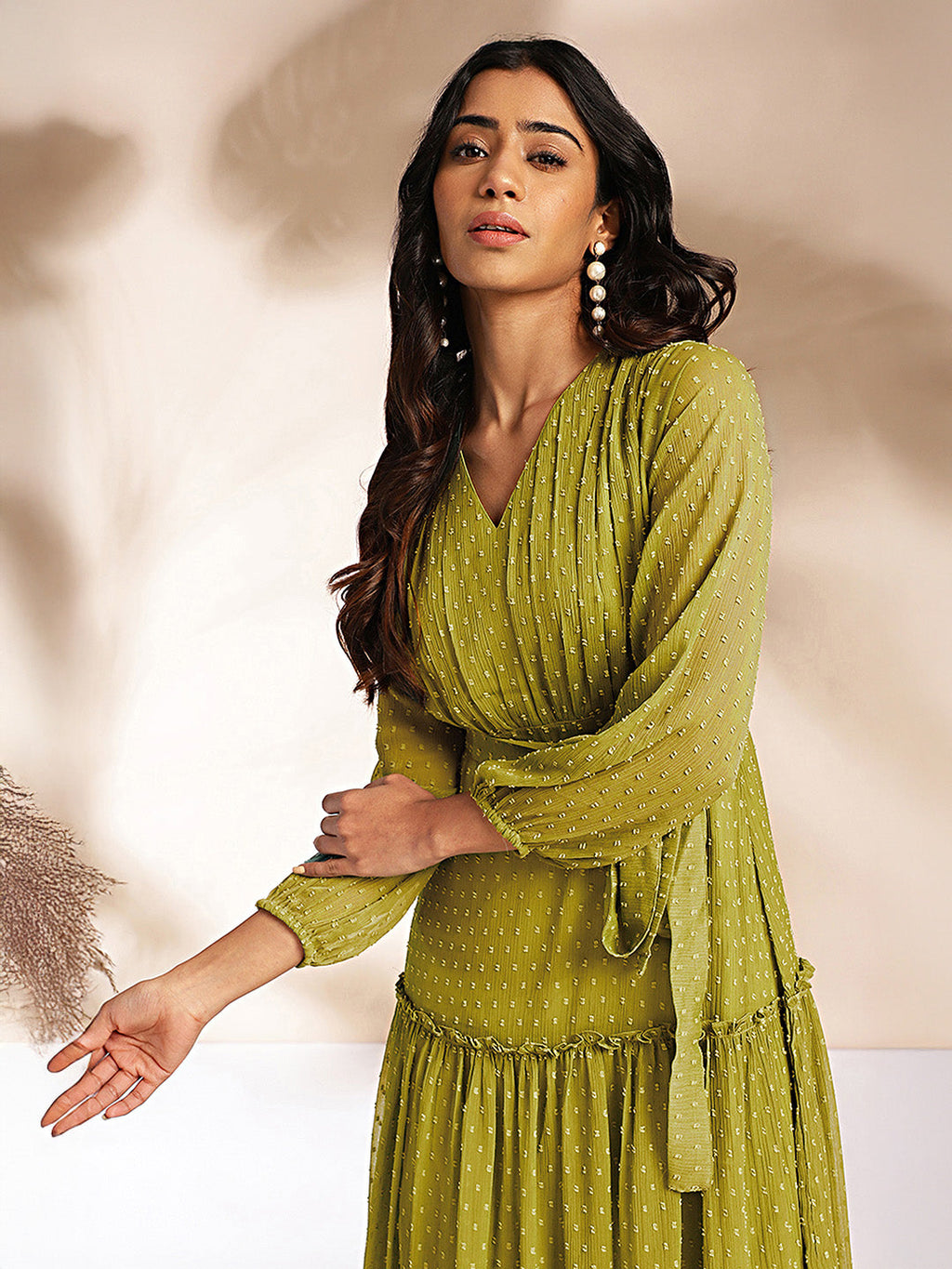 Janasya Lime Tiered Dobby Chiffon Dress | Grocsy