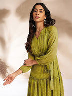 Janasya Lime Tiered Dobby Chiffon Dress | Grocsy