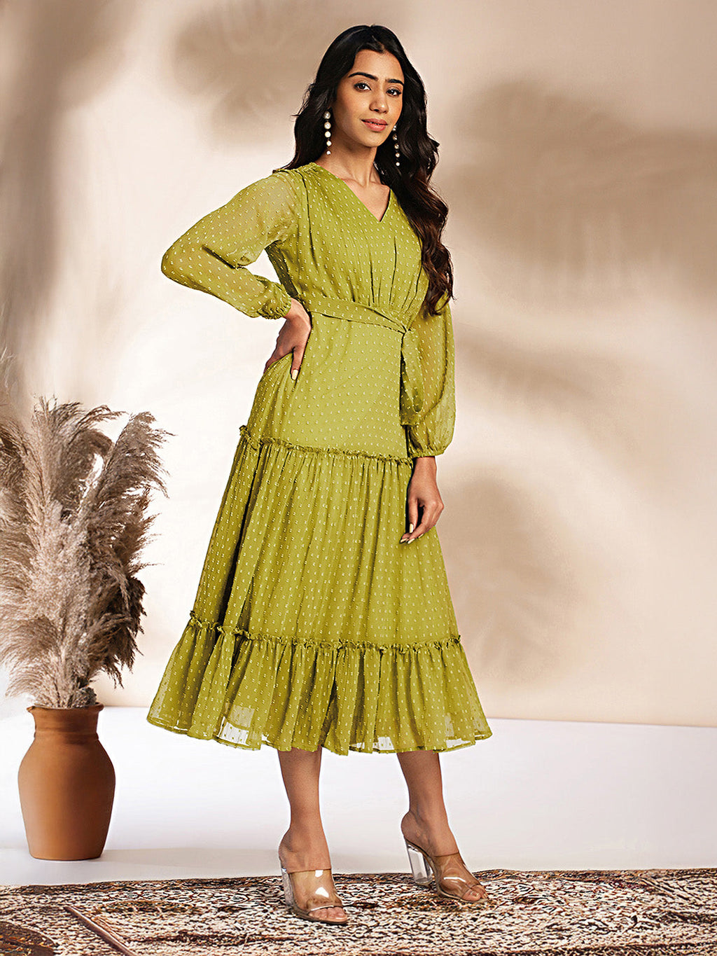 Janasya Lime Tiered Dobby Chiffon Dress | Grocsy