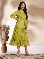 Janasya Lime Tiered Dobby Chiffon Dress | Grocsy