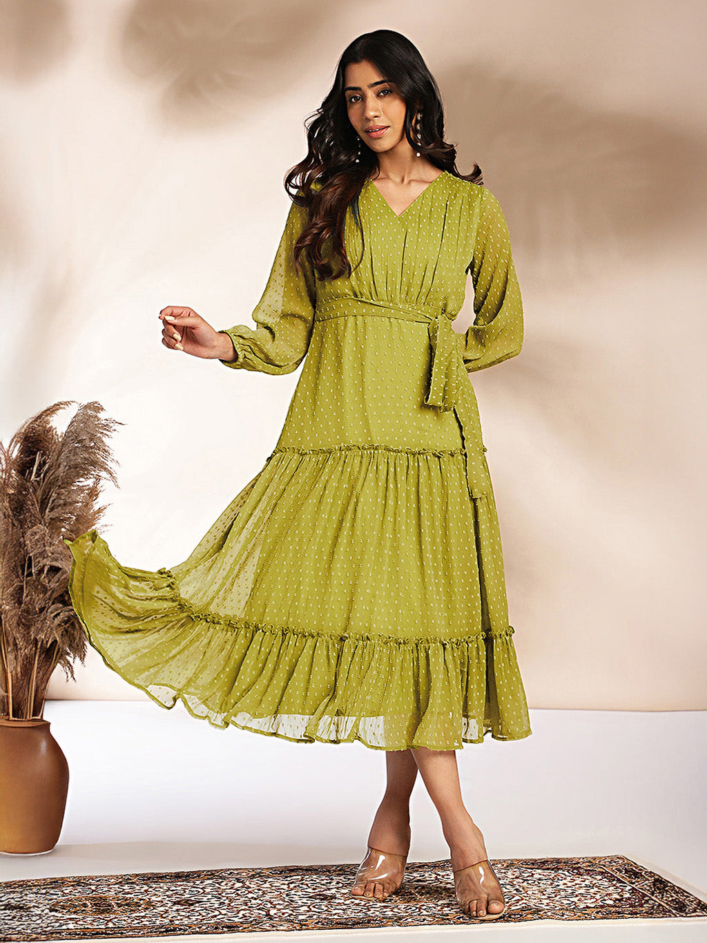 Janasya Lime Tiered Dobby Chiffon Dress | Grocsy