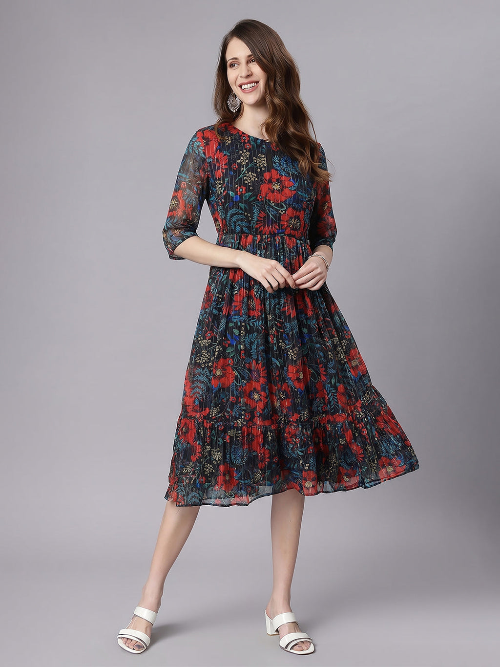 Janasya Black Fit & Flare Chiffon Dress | Grocsy