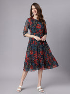 Janasya Black Fit & Flare Chiffon Dress | Grocsy