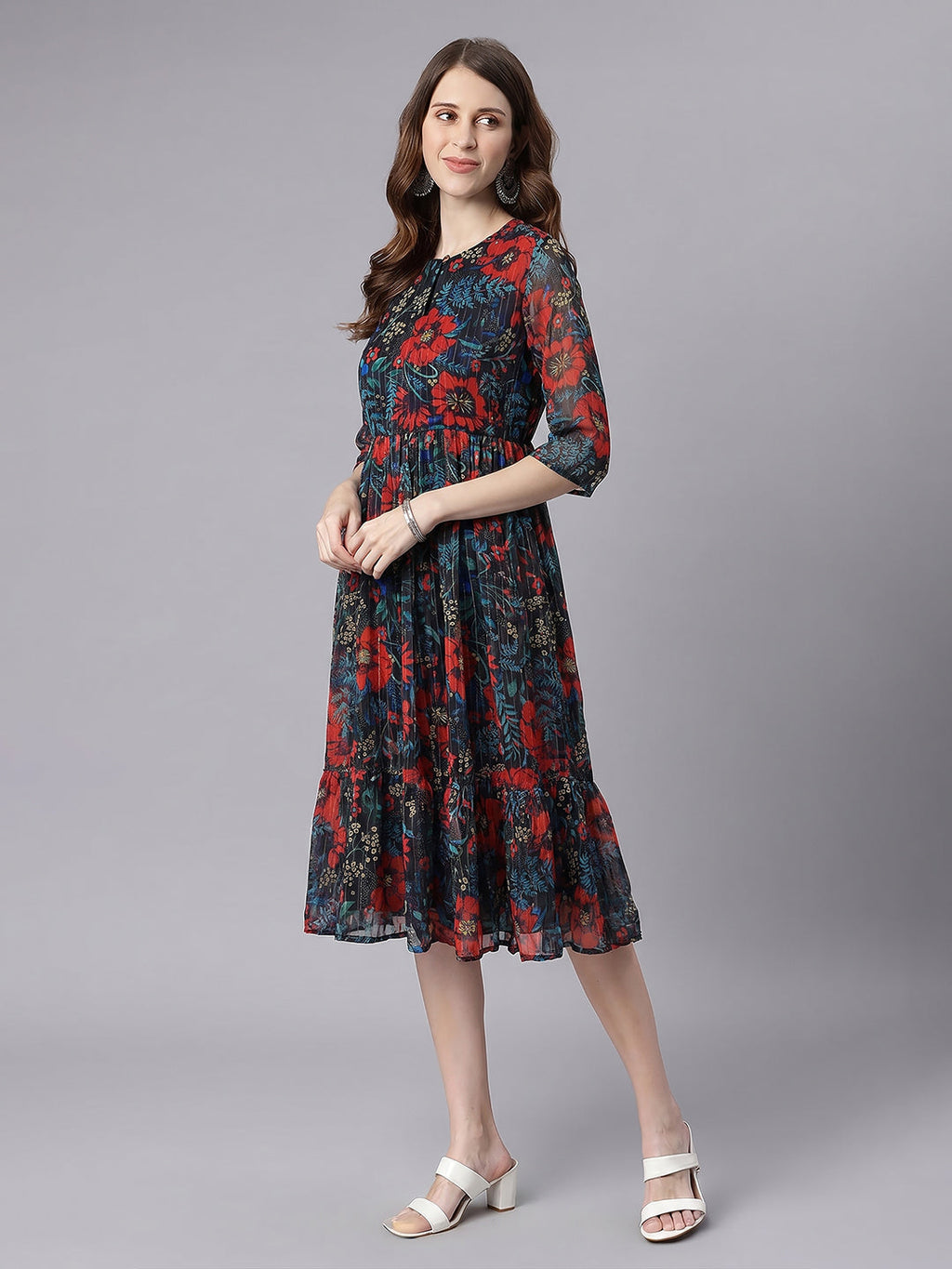 Janasya Black Fit & Flare Chiffon Dress | Grocsy