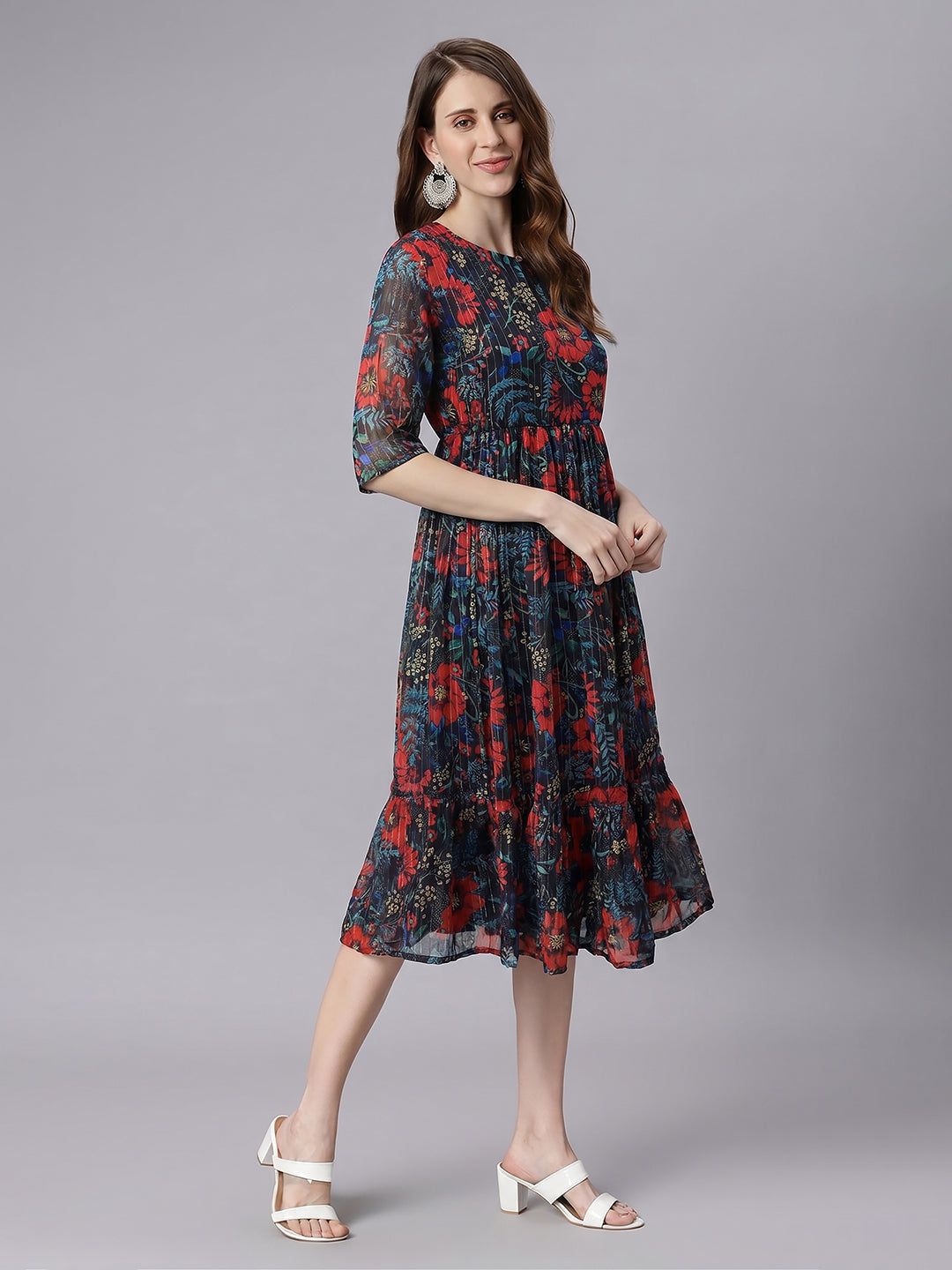 Janasya Black Fit & Flare Chiffon Dress | Grocsy