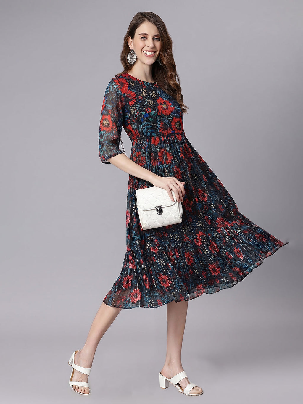 Janasya Black Fit & Flare Chiffon Dress | Grocsy