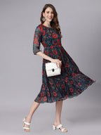 Janasya Black Fit & Flare Chiffon Dress | Grocsy