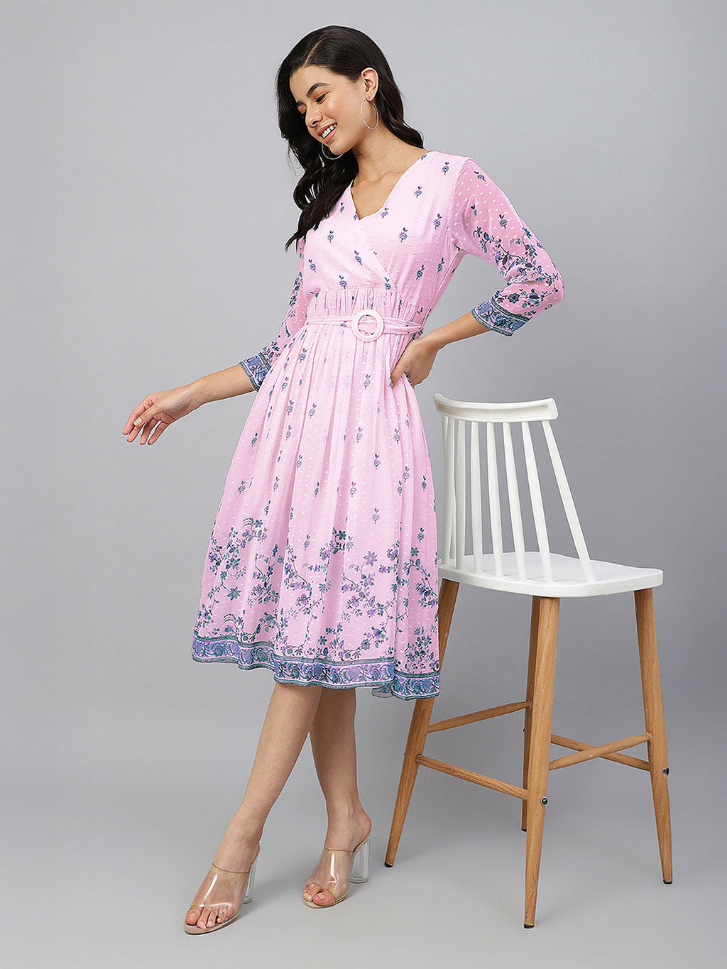 Janasya Baby Pink Fit & Flare Dobby Georgette Dress | Grocsy