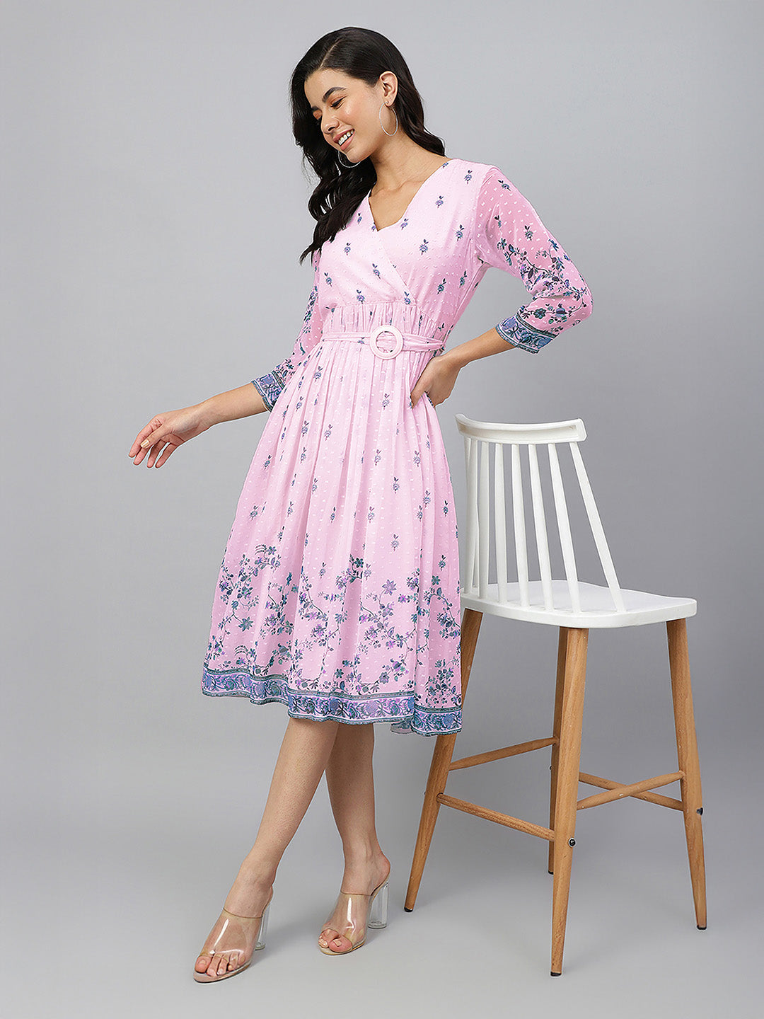 Janasya Baby Pink Fit & Flare Dobby Georgette Dress | Grocsy
