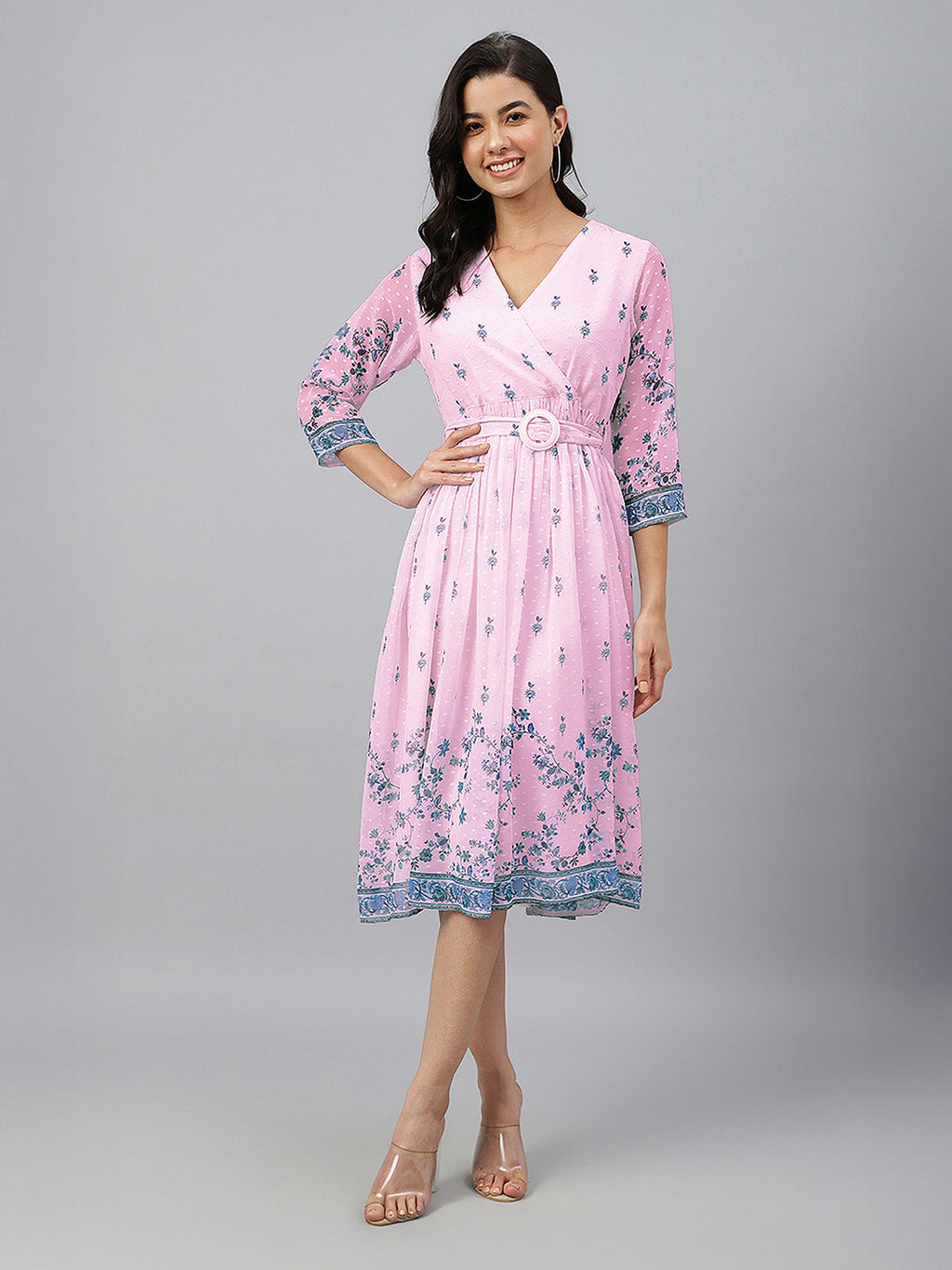 Janasya Baby Pink Fit & Flare Dobby Georgette Dress | Grocsy