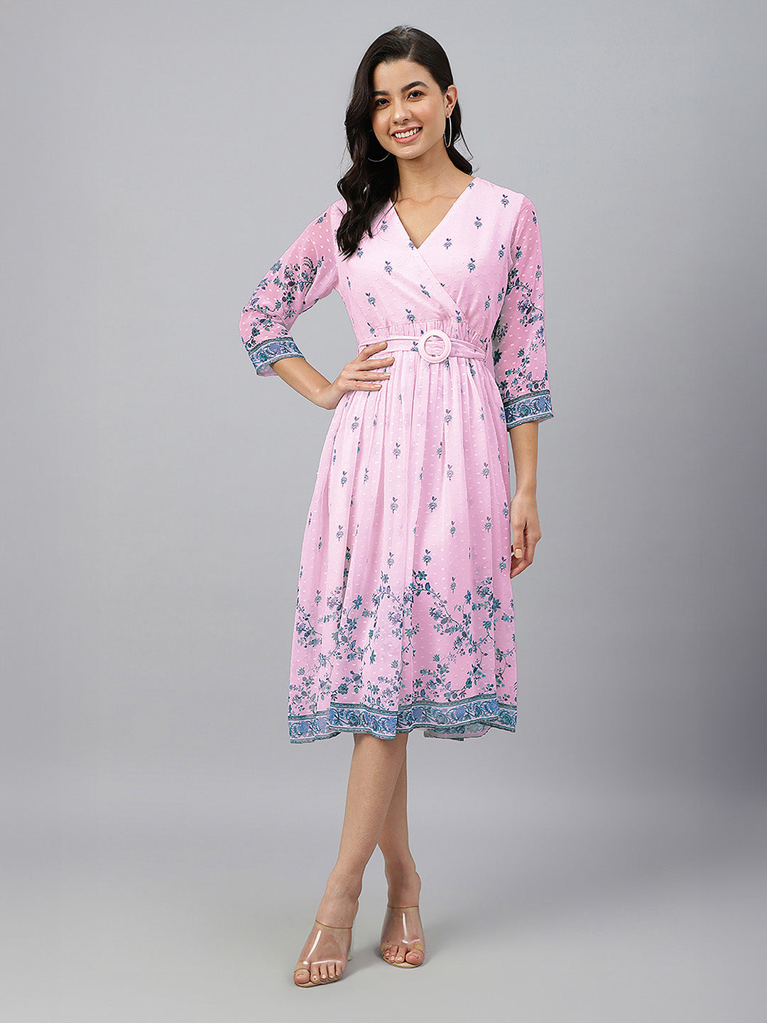 Janasya Baby Pink Fit & Flare Dobby Georgette Dress | Grocsy