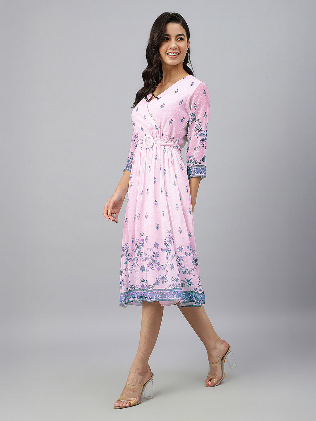 Janasya Baby Pink Fit & Flare Dobby Georgette Dress | Grocsy