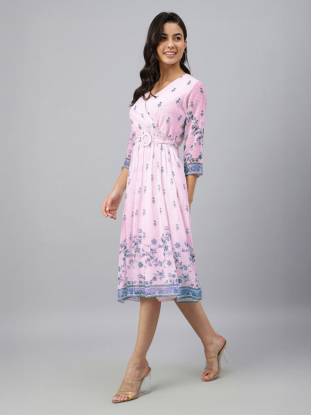 Janasya Baby Pink Fit & Flare Dobby Georgette Dress | Grocsy